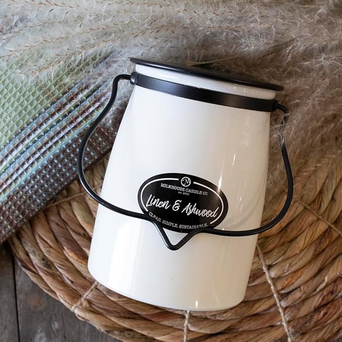 Milkhouse Candle Company - Linen & Ashwood - Creamery Collection - 22oz Single Cotton Wick Soy Candles with Beeswax - Long Burn Time, Made in The USA - Non Toxic, Premium Scented Candles