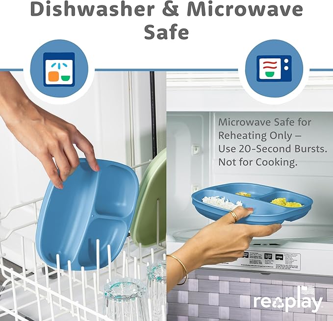 Re-Play Toddler Plates with Dividers - Deep-Walled 3 Compartments Divided Plates for Kids - Dishwasher & Microwave Safe - Made in USA - Set of 4-7.37" x 7.37" x 1.25" - Cool Blues