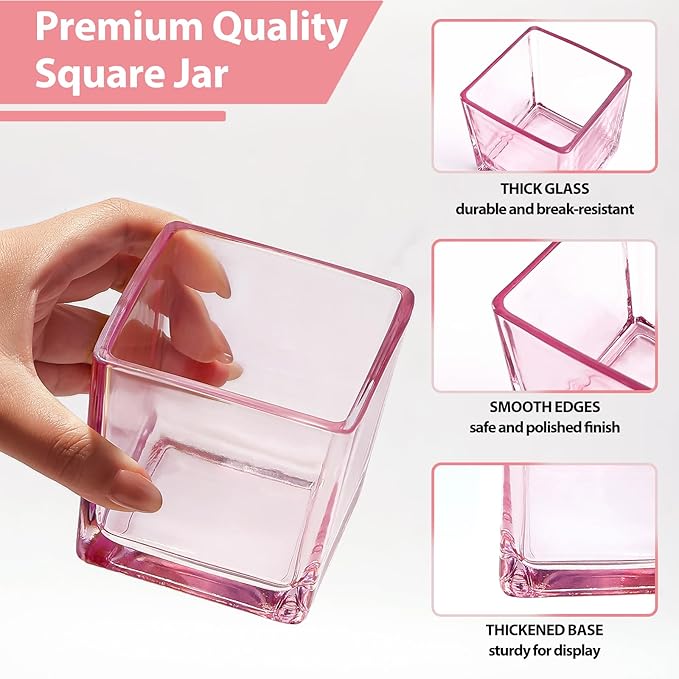 CONNOO 12 Pack 9oz, 3oz Pink Square Candle Jars for Making Candles, Thick Glass Bulk Empty Candle Containers with Airtight Bamboo Lids for Candle Making, Sticky Warning Labels - Dishwasher Safe