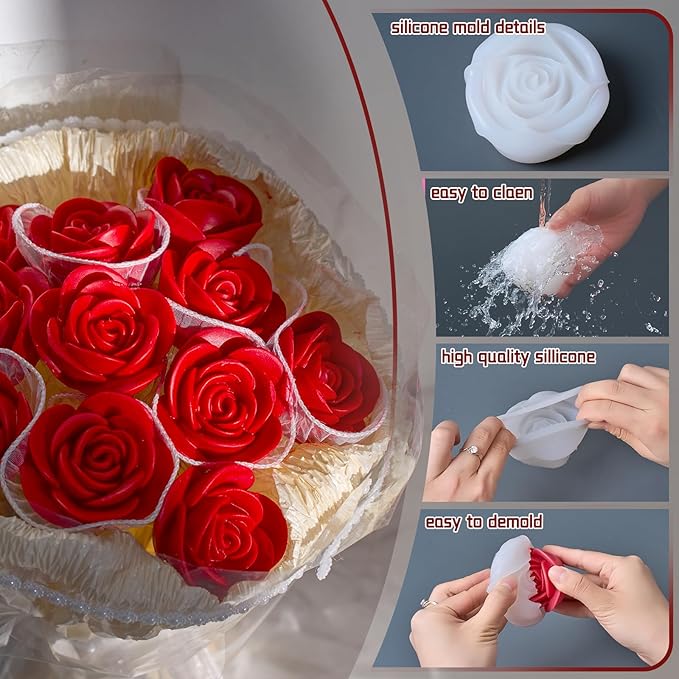Rose Bucket Candle Kit Handmade Gift Soy Wax Beads for Candle Making Rose Silicone Mold 3D Flower Candle Molds All in One Kit Accessories Set Valentine's Day Gift (Black)
