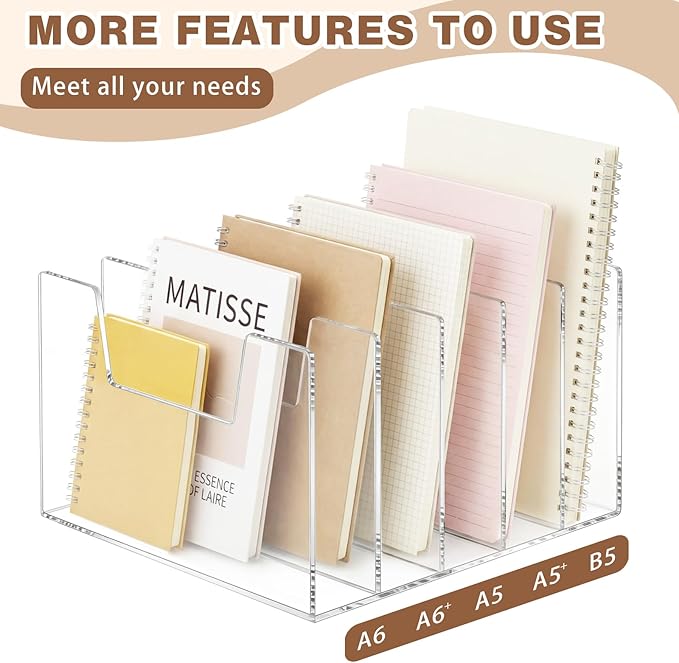 Wenqik Clear Acrylic Desktop File Organizer Vertical File Sorter 4mm Thick, Large Capacity Upright Magazine Organizer, Book Paper, Notebooks, Envelopes, Mail Holder(5 Section)
