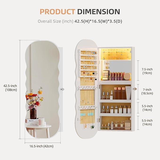 Lvifur Jewelry Armoires with LED Lights, Hanging Jewelry Storage Cabinet Lockable Wavy Mirror Jewelry Organizer, Lockable Frameless Mirror with Storage, LED Jewelry Cabinet Wall/Door Mounted(White)
