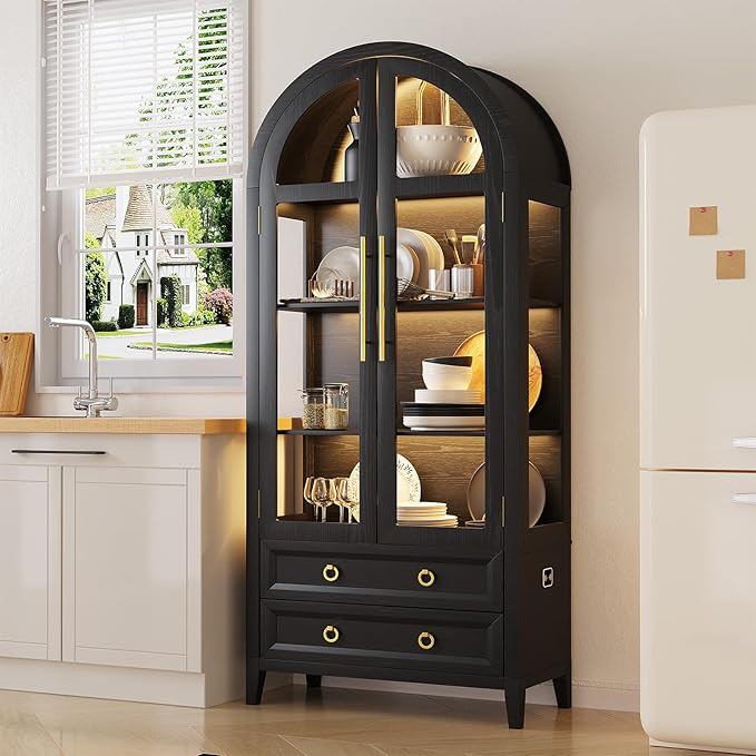 LVSOMT 71" Tall Arched Storage Cabinet with Glass Doors and Drawers, Curio Display Cabinet with Adjustable LED Light & Human Sensor, 4-Tier China Cabinet for Living Room(Black)