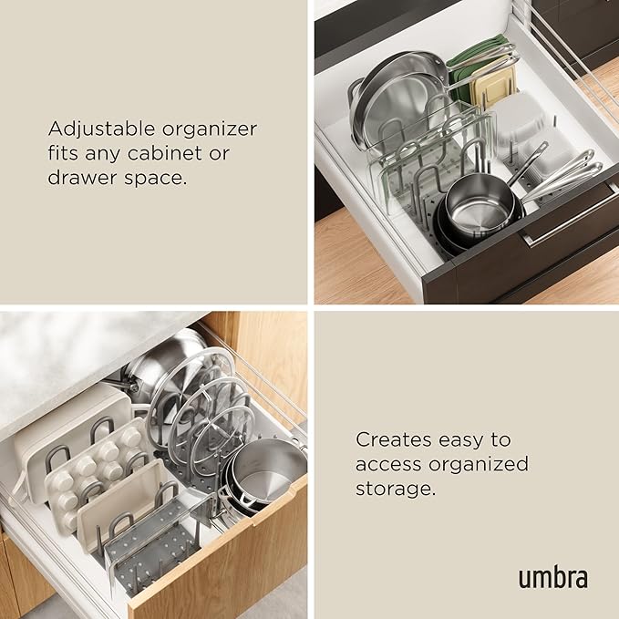 Umbra Peggy Kitchen Drawer Cupboard Organizer Tray - Adjustable Storage System For Food Containers, Cookware, Serveware, Utensils and More, Grey (Pack of 3)