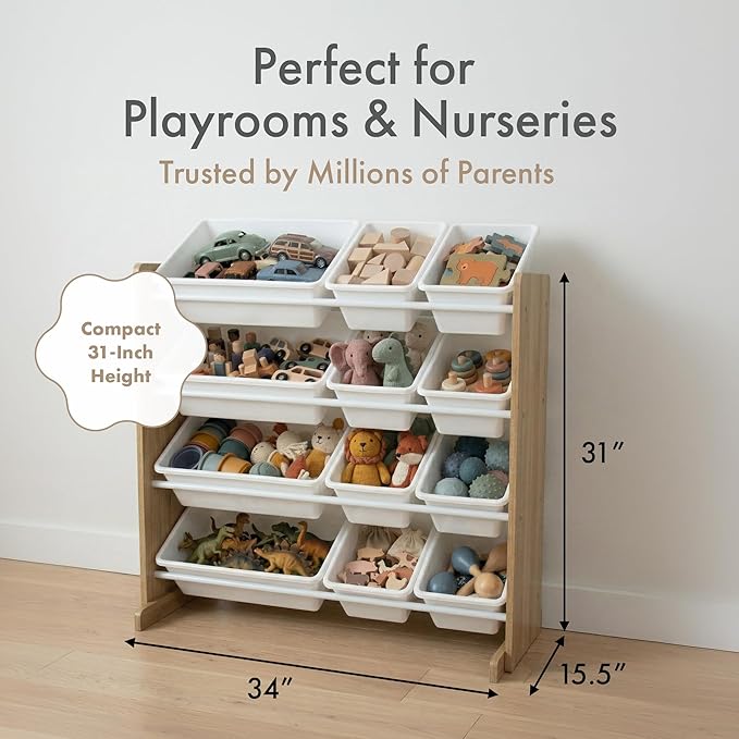 Humble Crew Kids Toy Storage Organizer with 12 Plastic Bins, Natural Wood/White – Removable Bins for Playroom, Bedroom, Toddler Furniture for Boys and Girls Ages