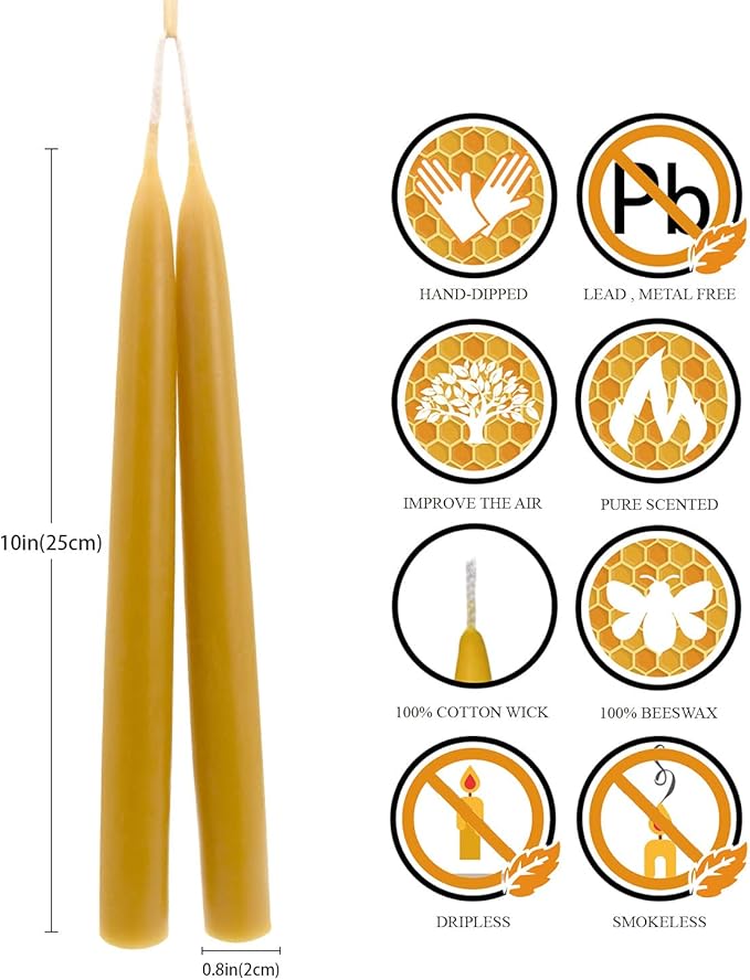 10'' Natural Beeswax Taper Candles Set of 6, DEYBBY Smokeless and Dripless Beeswax Candle, Long Lasting Burning, Non Toxic