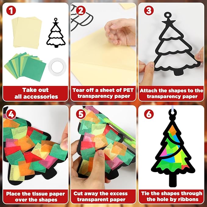 Qyeahkj 36 Set Christmas Tree Suncatchers Crafts for Kids DIY Xmas Tree Window Tissue Paper Craft Kit Hanging Decor for Christmas Winter Home Activity Art Project Birthday Party Favor Gift