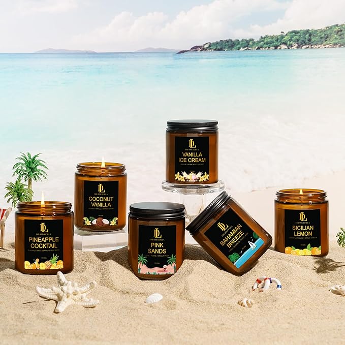 6 Pack Scented Candles Set, 42oz 300 Hour Long Lasting Candle, Soy Candles for Home Scented, Scents of Coconut Vanilla/Pineapple Cocktail/Sicilian Lemon/Pink Sands/Bahama Breeze/Vanilla Ice Cream