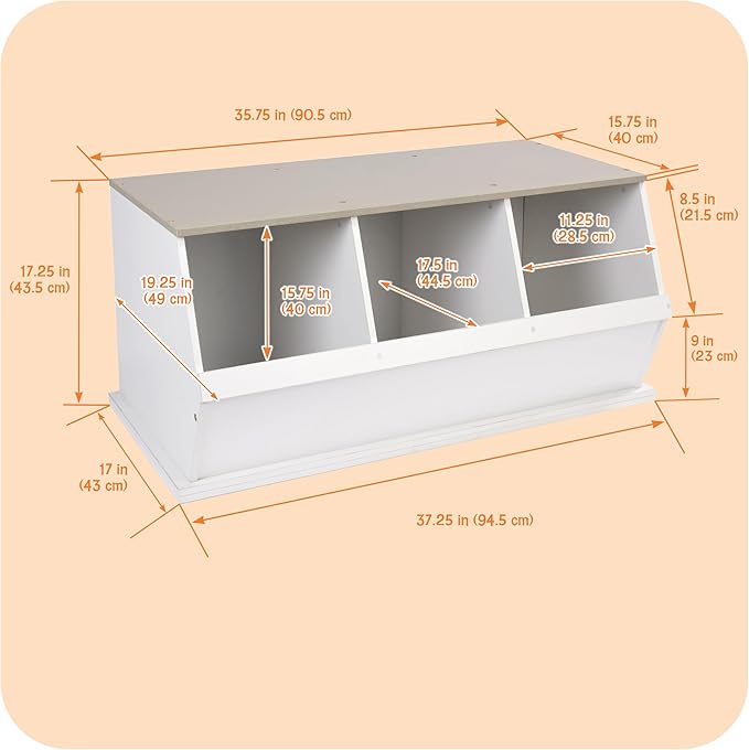 Badger Basket Three Bin Stackable Toy Storage Cubby Organizer - Expandable Modular Storage for Toys & Crafts - White/Gray Woodgrain