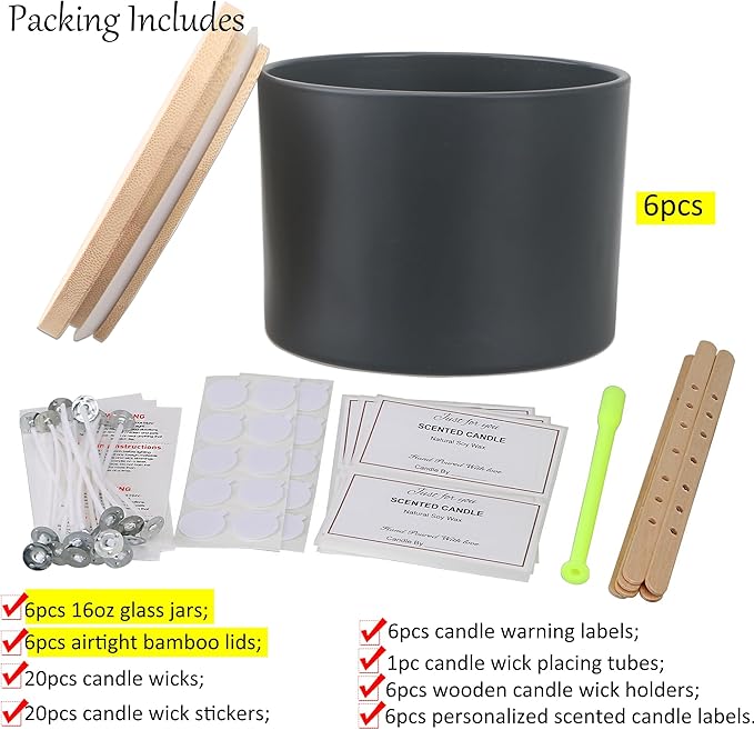 MILIVIXAY 6 Pack 16 oz Candle Jars with Bamboo Lids and Candle Making Kits - 3 Wick Candle Jar,Bulk Empty Matte Black Thick Glass Jars for Making Large Candles - Spice, Powder Containers.