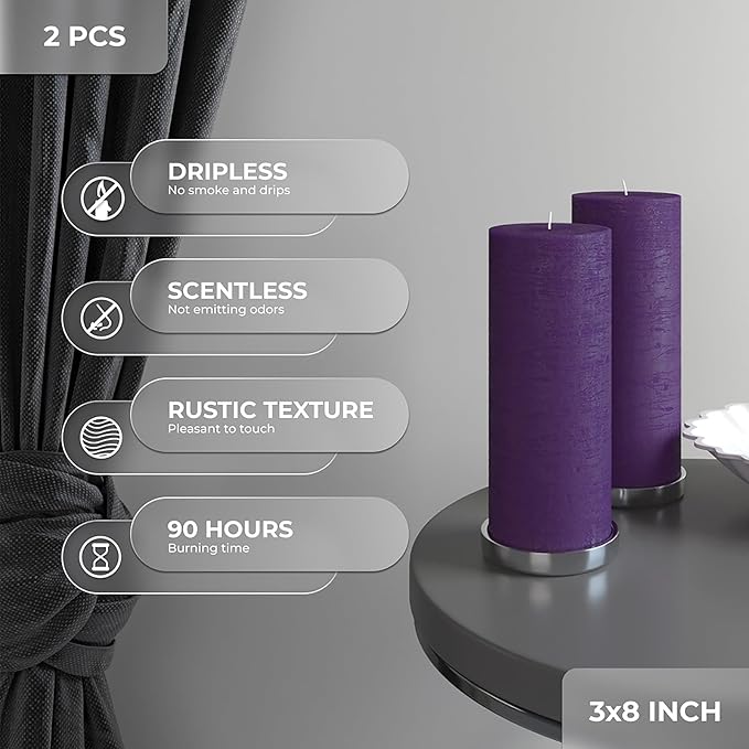 CANDWAX Purple Pillar Candles 3x8 Inch – Set of 2 Unscented Dripless Large Candles, Rustic Finish for Weddings, Events, Interior Styling