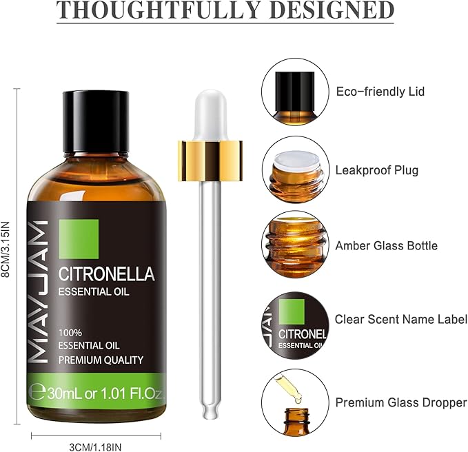 Citronella Essential Oil, MAYJAM 1.01FL.OZ Premium Citronella Oils for Soap Candle Making, Diffuser, Bedroom, Living Room, Office, 30ML/Bottle
