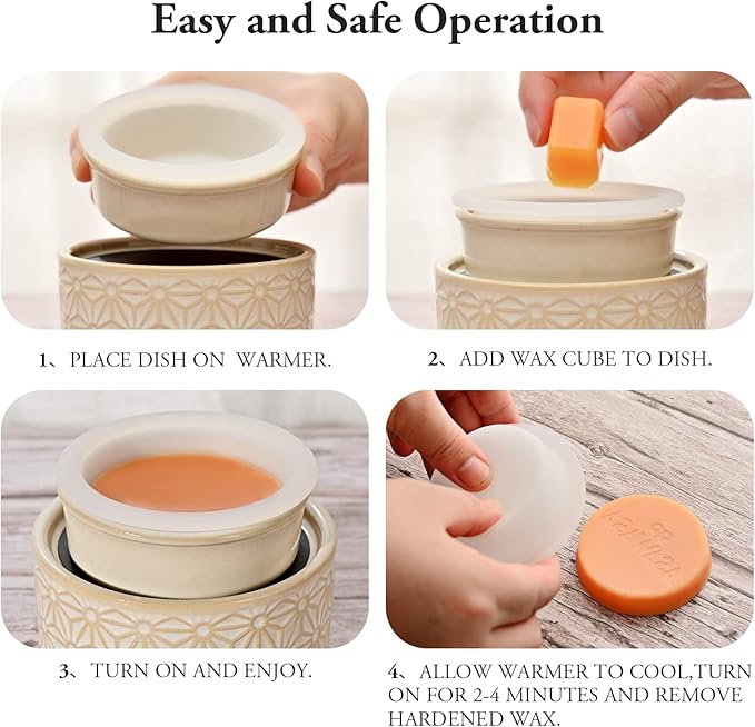 ASAWASA Candle Wax Melt Warmer with 1 pc Silicone Liner,Ceramic Wax Warmer,3-in-1 Candle Wax Melter and Fragrance Warmer for Warming(White Hexagon Pattern)