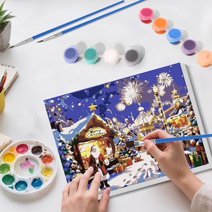 Skyboda Christmas Paint by Numbers Kit for Adults Beginners with Frame, Christmas Eve Landscape Adult Paint by Number Kits on Canvas, Easy DIY Oil Painting Kits for Home Decor, 8x12in