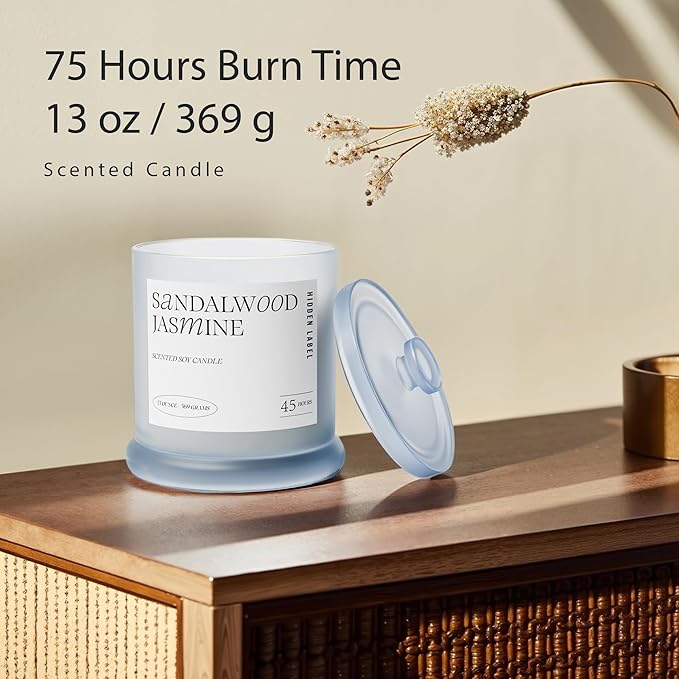 Sandalwood Jasmine Scented Candle, 13oz Natura Soy Wax Non Toxic, 2 Wicks Large Candles for Home Scented, 75Hs Long Lasting Clean Burn | Aromatherapy Candle for Home Decor, Stress Relief & Relaxation