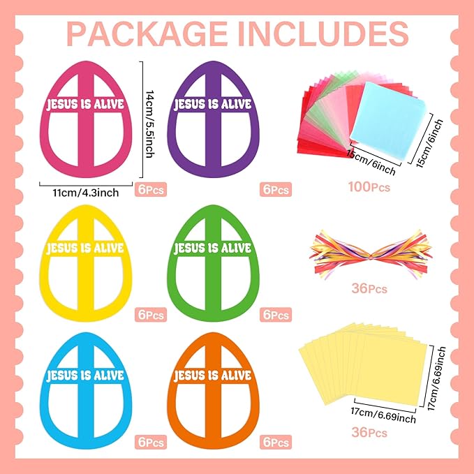 Qyeahkj 36 Set Easter Eggs Suncatchers Crafts for Kids DIY Jesus is Alive Cross Window Tissue Paper Craft Kit Religion Hanging Decor for Church School Home Activity Art Project Party Favor Gift