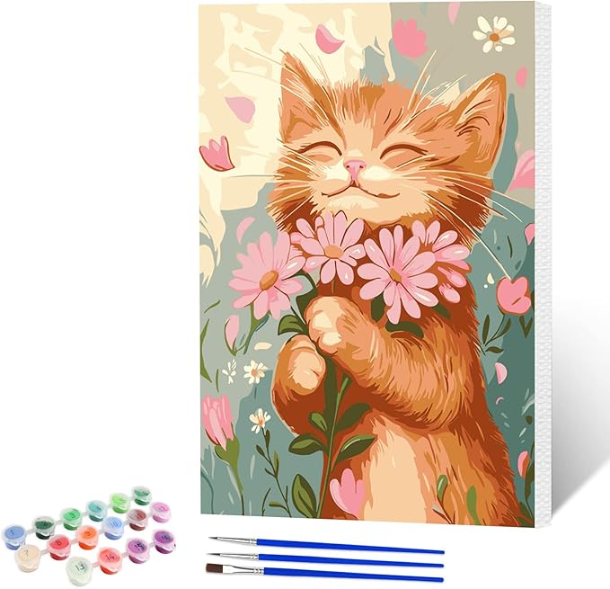 NAIMOER Cat Flower Paint by Numbers Kits for Adults Beginner with Wooden Framed, Color by Numbers on Canvas Painting Kits for Adults, Easy Paint DIY Acrylic for Home Wall Decor 8X12 Inch
