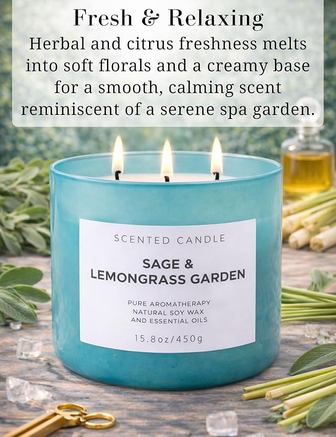 Sage Lemongrass Garden Scented Candle | 3 Wick Large Soy Candles for Home 15.8oz | Fresh Clean Herbal Citrus Candle | Long Lasting Clean Burn | Aromatherapy Stress Relief Gift for Women & Men
