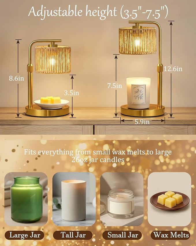 Candle Warmer Lamp, Timer Dimmable Candle Lamp, Adjustable Height and Brightness Gold Candle Warmer, Boho Rattan Lampshade and 2 Bulbs, Suitable for Home Decor, Birthday Gifts for Women Mom