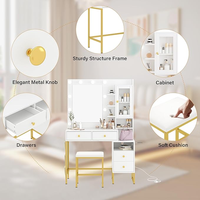 YIKEHOME 42'' Makeup Vanity Desk Set with Mirror, Vanity Table 3-Colour Lights with 5 Drawers & Shelves for Bedroom Dressing Room White (Bright White & Gold)