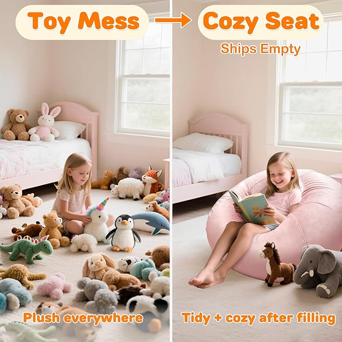 Lukeight Stuffed Animals Storage Bean Bag Chair Cover Only (Ships Empty, No Filling) - Velvet YKK Zipper Beanbag Cover for Kids and Big kids, Washable Plush Toy Organizer, X-Large 30" D x 18" H
