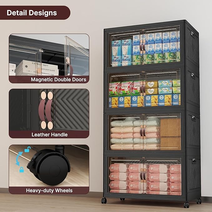 UAMFURI Stackable Storage Bins with Lids, 480QT Closet Organizers, Lockable Storage Cabinet，Foldable Storage Box with Doors and Wheels, Plastic Drawers for Home, Garage, Office (4, Black, Large)
