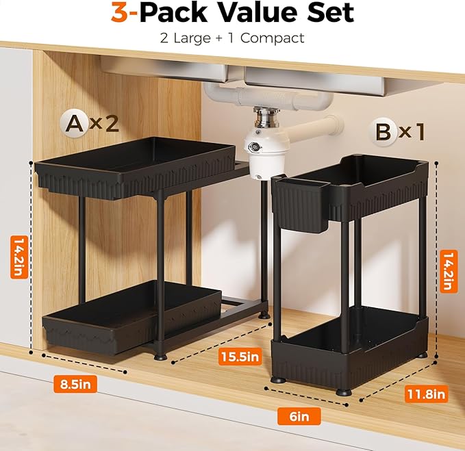 3 Pack Under Sink Organizer, 2 Tier Slide Out Bathroom Cabinet Organizer, Multi-Purpose Storage Shelf for Kitchen, Black, 14.8Inch
