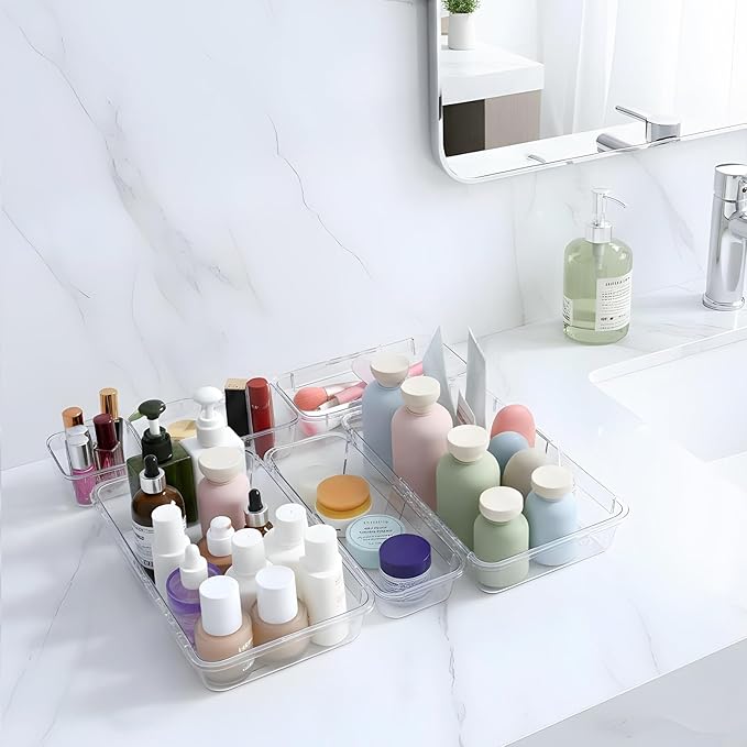 25pcs vanity Drawer organizers clear drawers organizer set vanity Drawer Storage Box expandable clear Plastic Drawe Organizer Bins Adjustable 3-Size bathroom makeup drawers organizers tray