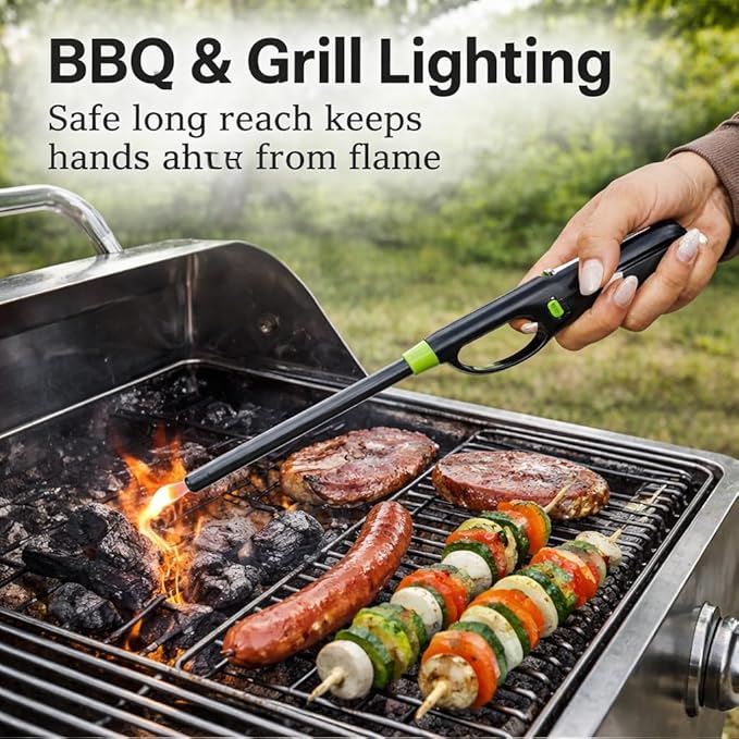 Long Reach BBQ Utility Lighter with Safety Lock, Multipurpose for Grill, Candles, Stove, Fireplace, Assorted Colors, 3 Pack