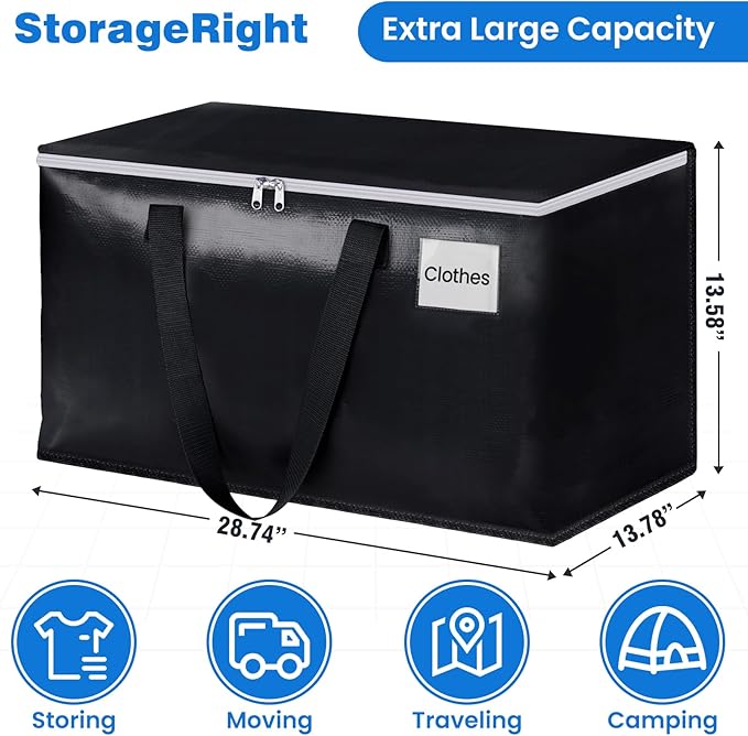 StorageRight Large Moving Bags Heavy Duty Storage Totes for Storage,Packing & Moving Collapsible Moving Supplies with Large Capacity, Reinforced Zippers and Handles, 88L, 6 Packs