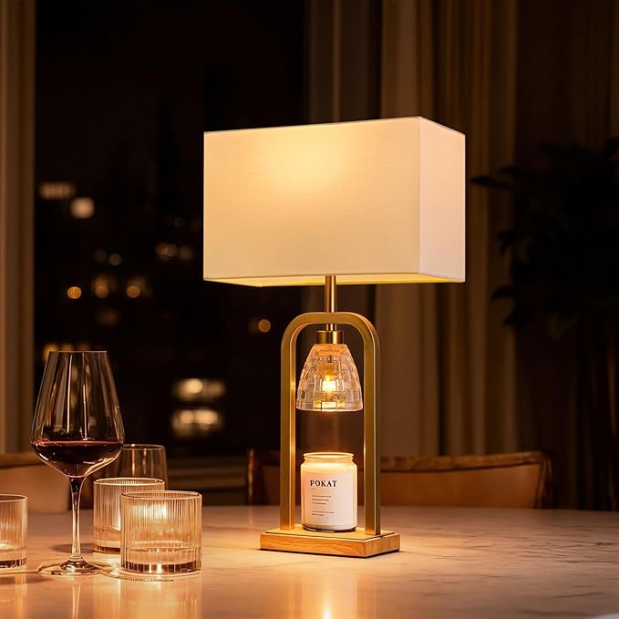 PoKat Electric Candle Warmer Lamps Gold, Lamp Candle Warmers with Timer Dimmer, Wax Light Warming Table Lamps Set of 2 for Jar Candles, Modern Bedside Lamp for Home Decor Living Room, Bulb Included