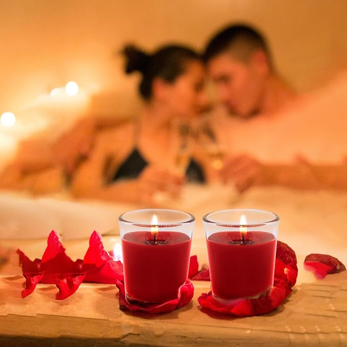 20 Packs Unscented Red Colored Votive Candles in Glass, Small 2 Inch Natural Soy Wax Non-Toxic Clean Burning Candles for Wedding Table Home Spa Holidays Party