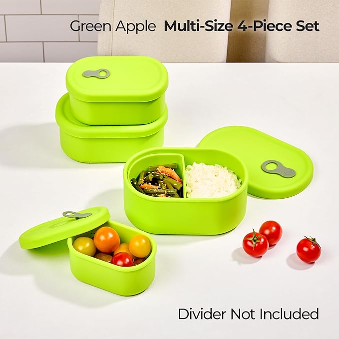 Premium Korean-Made Silicone Airtight Food Container with Steam Vent – BPA Free, Leakproof, Microwave & Freezer Safe Meal Prep. & Leftovers Storage (Green Apple, 4p Multi-Size Set)