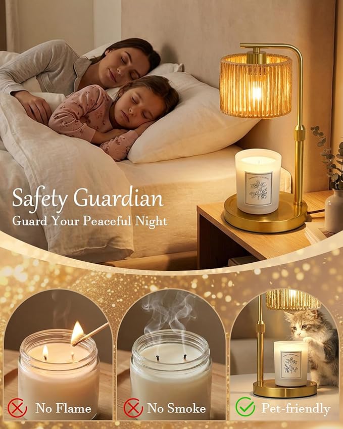 Candle Warmer Lamp, Timer Dimmable Candle Lamp, Adjustable Height and Brightness Gold Candle Warmer, Boho Rattan Lampshade and 2 Bulbs, Suitable for Home Decor, Birthday Gifts for Women Mom