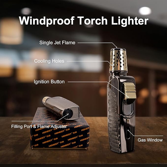 Butane Torch Lighter,Windproof Adjustable Jet Flame with Visible Gas Tank Lighter, Refillable Torch for Candle,BBQ,Camping,Gift for Men(No Butane Included)