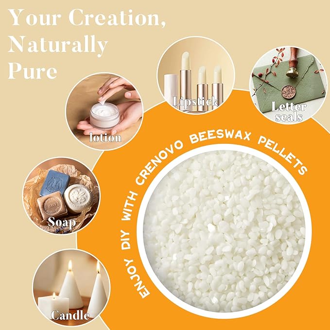 Crenovo White Beeswax Pellets 5 LB, 100% Pure Natural Quadruple Filtered Beeswax for Candle Making, DIY Lip Balm and Skin Care, Cosmetic Grade Beeswax for Lotion, Soap, Body and Hair Care DIY Creams