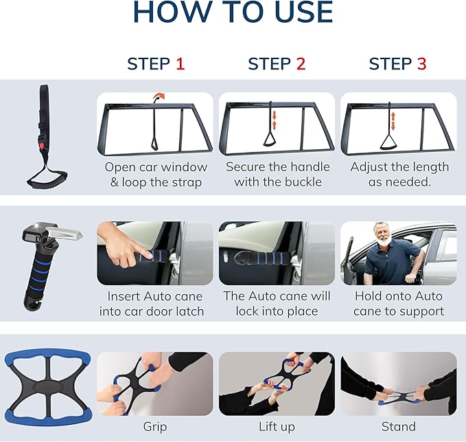 Premium 3 Pc Elderly Assistance Products Standing Aid Portable Lift Auto Cane Grab Handle Adjustable Car Door Handle for Elderly Handicap Accessories for Daily Living Elderly Mobility Aids