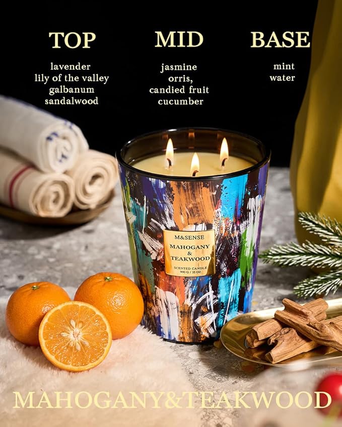 M&SENSE Large 3-Wick Teakwood Scented Soy Candle, 35oz 150 Hours Clean Burning Non-Toxic Candles, Home Office Essential, Fathers Day Business & Housewarming Gift