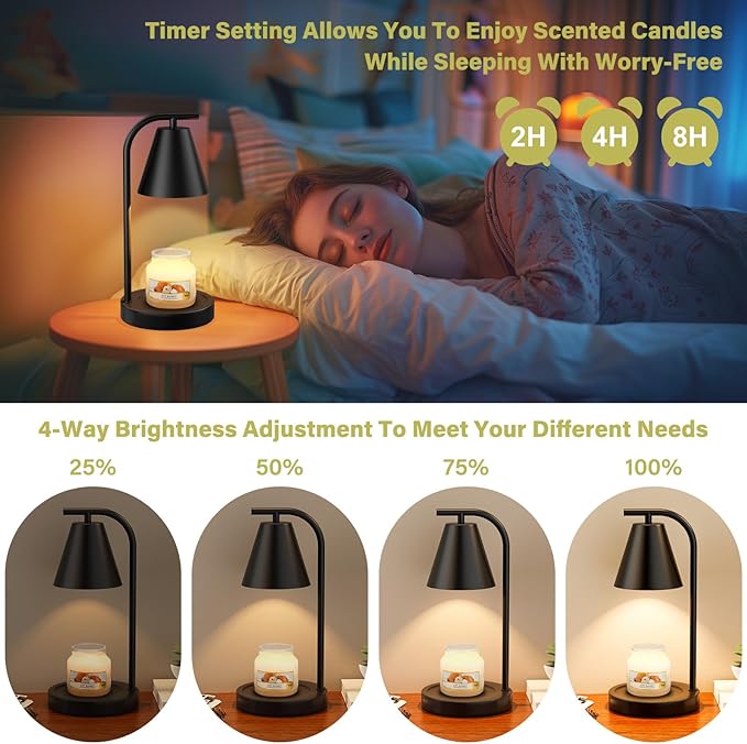 Hong-in Candle Warmer Lamp - with Timer & Dimmer, Modern Home Decor House Warming Gifts Wax Melt Warmer for Jar Candles with 2 Bulbs, Cozy Birthday Gift for Women Mom (Black)