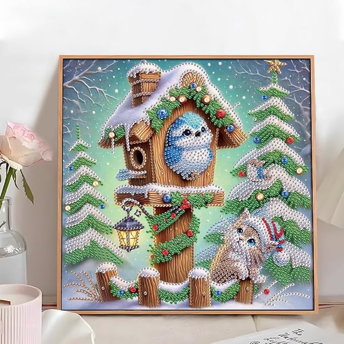 Diamond Painting Bird on Birdhouse with Cat and Christmas Tree, 5D DIY Special Shaped Diamond Art Kits for Adults, Crystal Rhinestones Holiday Winter Canvas, Christmas Home Wall Decor Crafts Gift