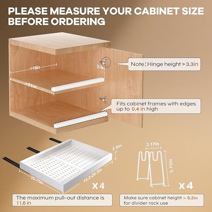 Seinloes 4 Pack Pull out Cabinet Organizer 21" Deep With Raising Pad for Framed Cabinets,Expandable (15.2"-26.3"W) Slide out Drawers for Kitchen Cabinets with 4pcs Divider Racks,Roll out Shelves,White