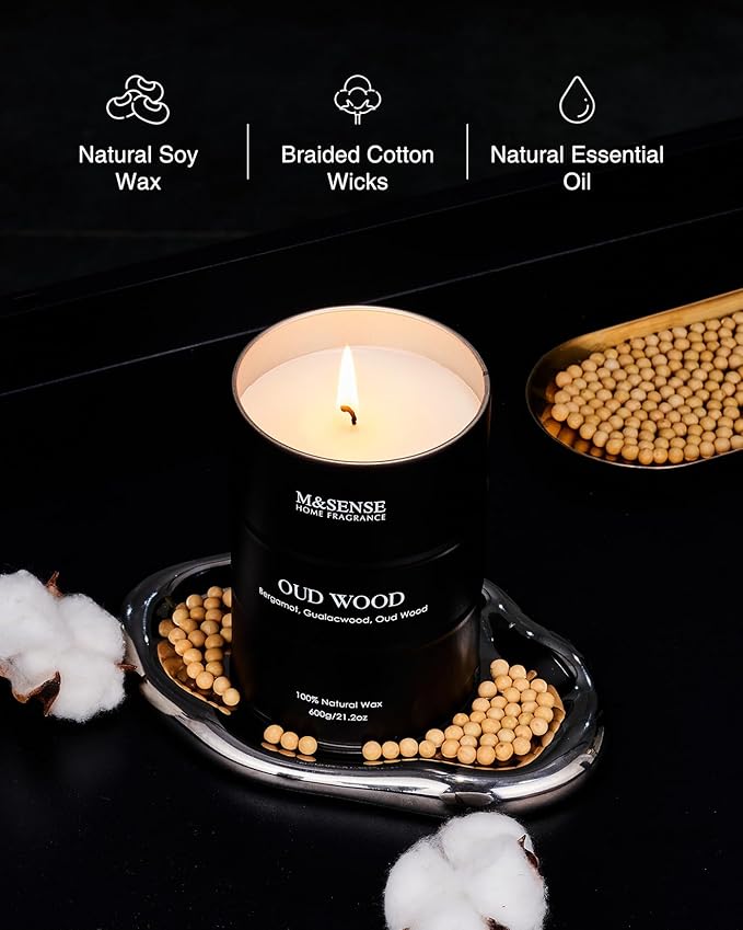 M&SENSE Oud Wood Large Scented Candles Natural Soy Wax, 21.2oz Long Lasting Up to 120 Hours Burning Time, Unique Candle Gifts for Men Women