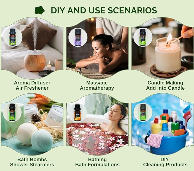 Essential Oils Set - 6 Blends for Diffusers, Aromatherapy Gift Set,Home Care, Candle Making Scents, Humidifiers,- Peppermint, Tea Tree, Lavender, Eucalyptus, Lemongrass, Sweet Orange (10mL)