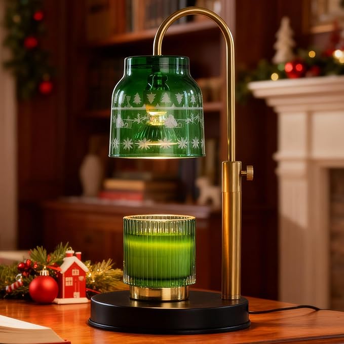 AIKUT Christmas Candle Warmer Lamp, with 2 Bulbs,Timer & Dimmer,Compatible with Large Yankee Candle Jars,3 Wick Candles,Height Adjustable Electric Top Candle Melter,Green,110-120v,Mother's Day Gifts