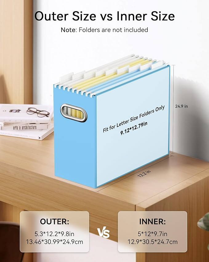Oterri File Organizer Box, Portable Collapsible Cardboard File Folder Organizer with Handle for Letter Size Hanging Files, Document Storage Box for Home Office & Classroom (6 Packs, Blue)