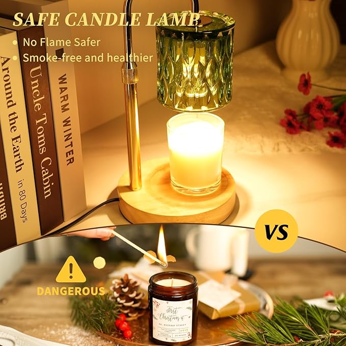 Candle Warmer Lamp with Timer and Dimmable, Electric Wax Melt Warmers Height Adjustable with 2 Bulbs, Christmas Gifts for Women Mom House Warming, Modern Home Decor for Scented Jar Candles Green