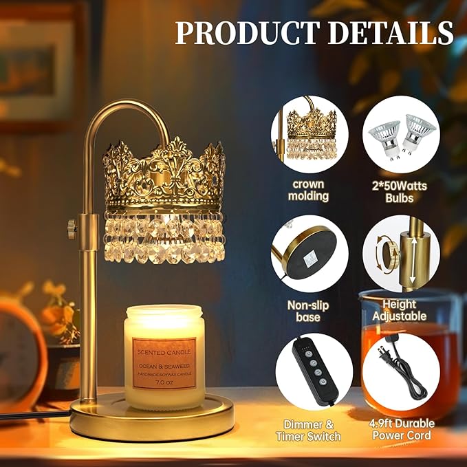 Candle Warmer Lamp with Timer Dimmer Adjustable Height with 2 Bulbs Crystal Candle Lamp Elegant Home Decor for Valentine's Day Gift Wax Melt Warmers for Women Birthday Gift (Gold)