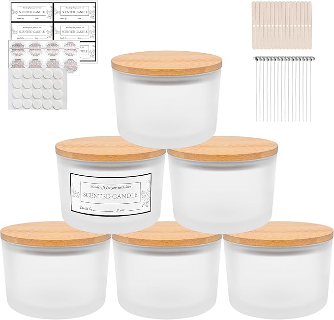 CONNOO 6-Pack 16 oz Candle Jars - 3-Wick Frosted Empty Glass Wide Mouth Candle Jars Come with Bamboo Lids, Sticky Warning Labels, and a Candle Wick Kit for Candle Making - Dishwasher Safe