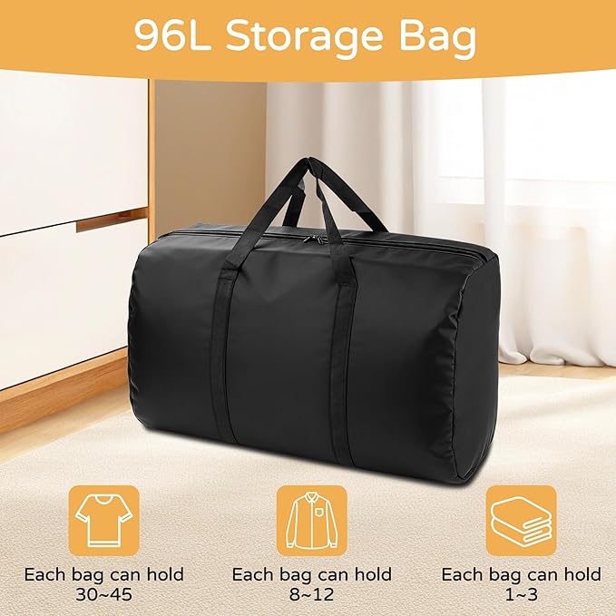 4 Pack 96L Extra Large Moving Bags with Zippers & Carrying Handles for Storage, Packing, Traveling, Camping, Langdry, Big Heavy Duty Moving Totes Bags for Clothes, Supplies and Space Saving