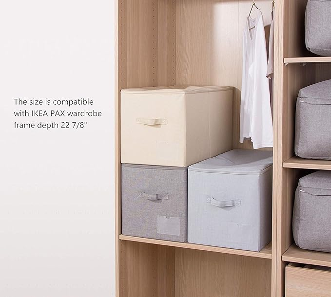 iwill CREATE PRO Pack of 2, Zip Lidded Wardrobe Storage Bins,Collapsible Fabric Storage Boxes for Clothing, Bedding, Toys, Blankets Organizer, Foldable & Washable, Beige